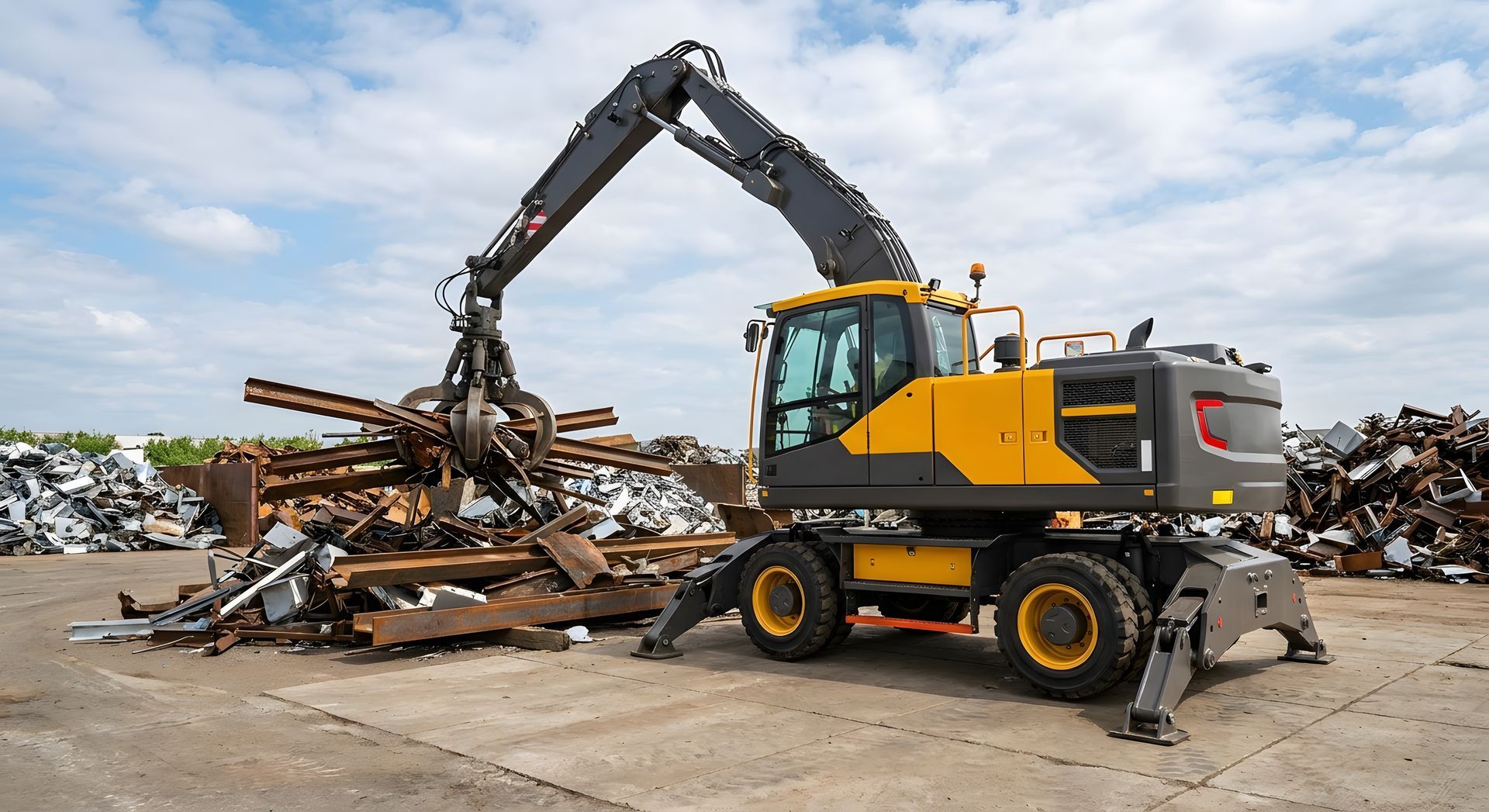 Yellow material handler with a grapple claw sorting a pile of scrap metal at Beartown Recycling